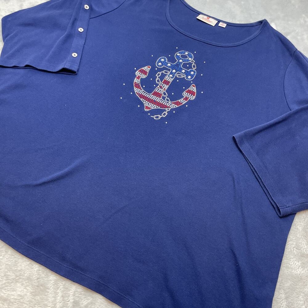 Quacker Factory Nautical Tee T-Shirt Womens 3X  Navy‎ Rhinestone Short Sleeve